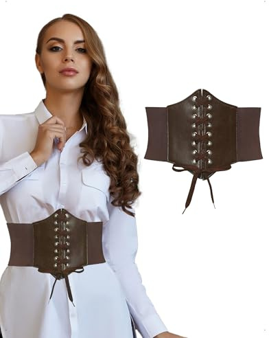 EMOTTOS Cinturón Corsé Elástico Ancho Mujer, Cinturones Corset Sottoseno con Atado Cordones Cuero, Cinch Tipo con Cierre de Velcro a Presión para Vestido Ropa Diaria Faja Estilizadora, Marrón