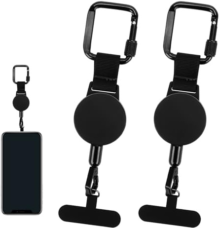 2 stycken Yooyan mobiltelefonsäkring utomhus utdragbar, mobiltelefon stöldskyddsband, mobiltelefonsäkring för vandring, infällbar telefonhållare med kassabinator för skidåkning, cykling, klättring