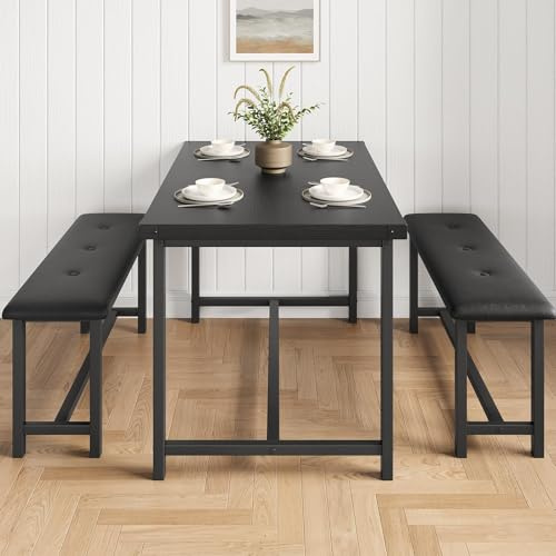 GarveeTech 3-Piece Dining Table and Bench Set for 4, Space Saving Kitchen Table with 2 Upholstered Benches, Solid Wood Top & Metal Frame for Flat, Studio, Small Kitchen