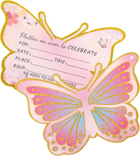 Hittriu 30 Butterfly Party Invitations Girls, Pastel Birthday Party Invites | Butterfly Birthday Invitations Kids Age 5-10, Butterfly Invitations Card for Baby Shower Back to School Afternoon Tea Party