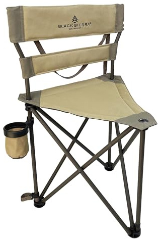 Black Sierra XL Tripod Hunting Stool, Foldable Tripod Seat w/Steel Frame Supports 300 Lbs, Heavy Duty Fishing Chair Features Cup-Holder & Carry Shoulder Strap, for Camping (TAN 2)