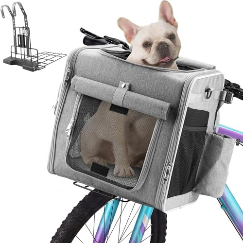 Eiito Hundkorg cykel fram med patenterad anti-tipphållare | säker hundcykelkorg upp till 10 kg, uppgraderingsversion även som ryggsäck och bilväska | Cykelkorg för små hundar