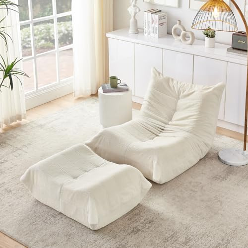Lazy - Sillón de suelo con respaldo y reposapiés, puf de piel de peluche, XXL, cómodo sillón relax de espuma, silla de suelo, silla de lectura para salón, dormitorio (beige)