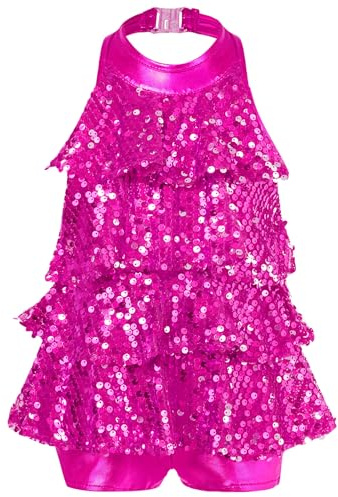Yhong Kids Girls Dance Dress Shiny Sequin Salsa Samba Mini Unitard Latin Jazz Costume Dancewear Rose 11-12 Years