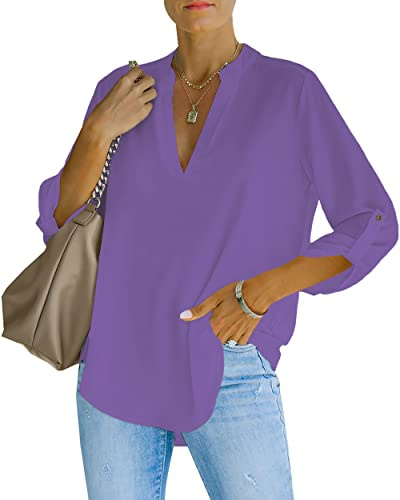 NONSAR Chemisier élégant à col en V pour femme Henley Chemisier ample à manches enroulables, Violet, L