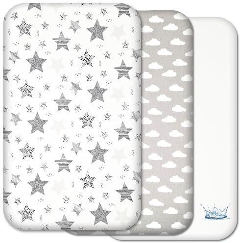 Next to Me Crib Sheets - 3pc Crib Fitted Sheet Set - 2 Fitted Cotton Sheets and 1 Waterproof Mattress Protector for Bedside Cribs - 100% Organic Cotton - Made in Europe (Grey Stars&Clouds, 83x50cm)
