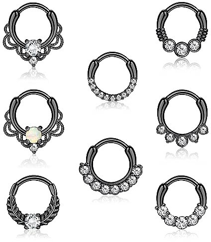 Morfetto 8 STÜCK 16G Septum Clicker Ring Edelstahl CZ Opal Knorpel Helix Tragus Hoop Daith Ohrringe Nasenringe Hoop Klappsegment Clicker Ring Piercing Schmuck Schwarz 10mm