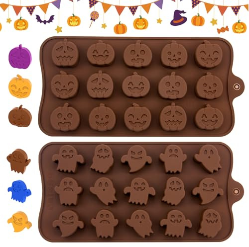 2PCS Halloween Silicone Mold 15-Cavity Pumpkin & Ghost Chocolate Mold | Reusable Halloween chocolate mold, Heat resistant & flexible, For chocolate candy cookie jelly baking, Easy release & clean