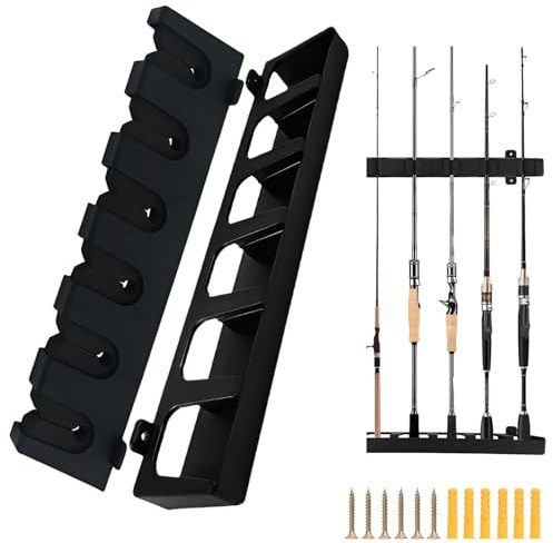 MOERDIFFER Support de canne à pêche, noir, ABS, 6 cannes de rangement, montage mural, accessoires de canne à pêche pour garage, bateau