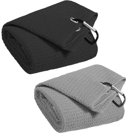 NVTEGR 2 Pcs Golf Towels with Clip, Microfiber Fabric Absorbent Cleaning Towels for Golf Bags Fitness Sport Outdoor Yoga (Grey Black)