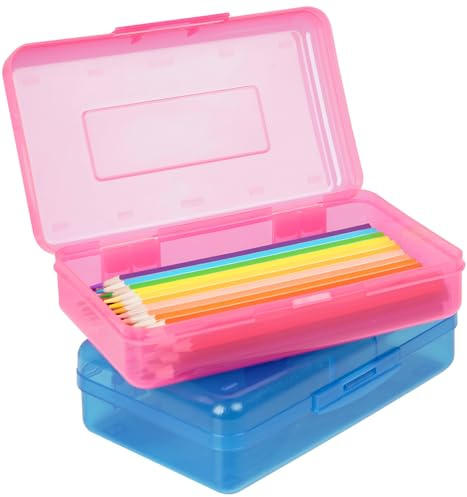 DANRONG Plastic Pencil Box 2 Pack, Large Capacity Pencil Case, Colored Pencil Boxes for Kids Adults, Hard Crayon Box Storage with Snap-Tight Lid for School Office Supplies (Pink & Blue)