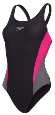 Speedo Bañador de 1 Pieza 2.0 con Bloques de Color | Traje de baño de Entrenamiento | Tacto Suave | Fitness en el Agua Traje de baño para Mujer, Negro/Gris Marengo Estadounidense/Rosa eléctrico, 40
