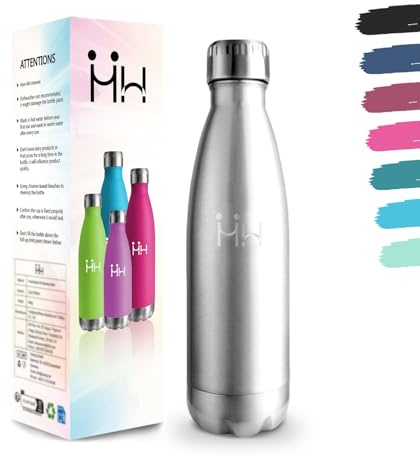 Gourde 500 ml sans BPA en acier inoxydable 304 - Double paroi isolée sous vide - Bouteille isotherme pour l'école, les voyages, le jogging, le camping - Couleur véritable - Anti-fuite