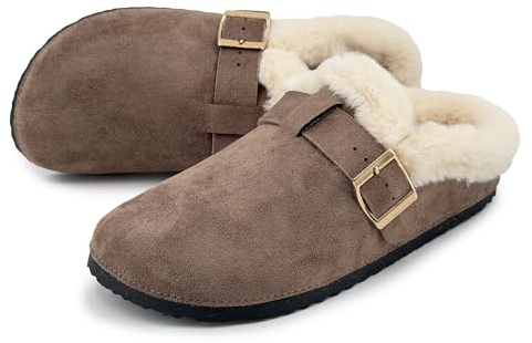 JOMIX Zapatillas Casa Mujer Invierno Zuecos Forrados Peluche Cálidas en Gamuza Siintética Clogs Hebilla Ajustable Pantuflas Suela Antideslizante Mules Cómodos para Interior MCT255274 Caqui 39