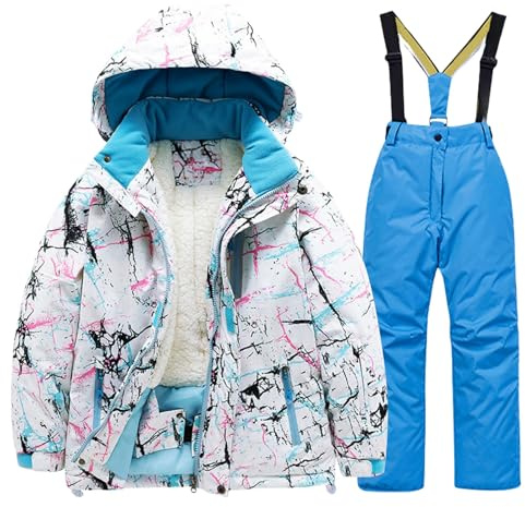 Tuta da neve invernale per bambini con cappuccio in pelliccia artificiale trapuntata spessa foderata in pile giacca cappotto e pantaloni da sci caldi alla moda Outwear, blu cielo, 9-10 Years