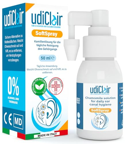 Spray Auriculaire Bouchon de Cérumen 50ml - UdiClair SoftSpray Solution Isotonique à La Camomille Made in Italy - Traitement Nettoyant Oreilles Adulte Enfant Dissolution Rapide avec Jet Nébulisé