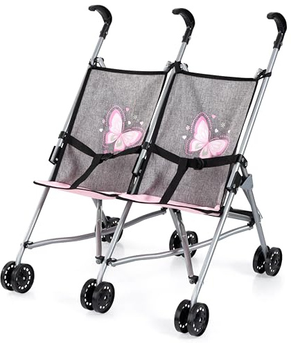 Bayer Design 30733AA Twin doll pushchair, foldable double doll stroller, double wheels, metal, for dolls up to 46 cm