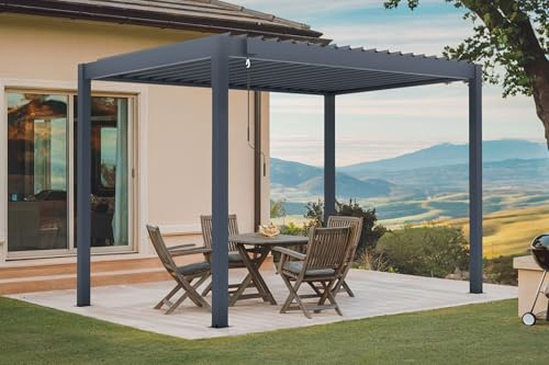 Cazeboo PIANA, pergola bioclimatica autoportante 3x2m in alluminio grigio con 3 lamelle frangivista.