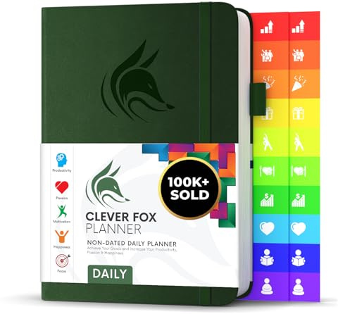Clever Fox Planificador diario - Mejor agenda y calendario diario para aumentar tu productividad, satisfacción y objetivos - Organizador personal diario - A5, Sin fecha - Verde bosque (Inglés)