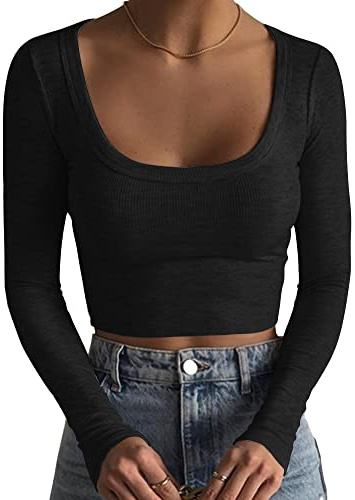 Artfish Women's Square Neck Long Sleeve Ribbed Slim Fitted Casual Basic Crop Top (Black, M)