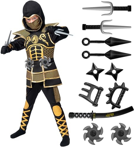 Spooktacular Creations Costume de Ninja Doré pour Garçons, Costume de Ninja pour Enfants avec Armure Dorée et Motifs pour Halloween Costume de Ninja Dress Up Party-3T