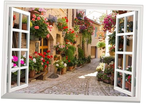 perfk Autocollants muraux de fausse fenêtre, Paysage de fausse fenêtre, Photorealiste, PVC, Pour murs, portes, meubles, carrelage, 57cm x 90cm