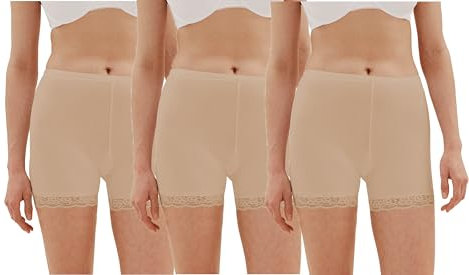 3er Pack Damen Unterrock Kurze Unterhose Unterkleid mit Spitze Slipshorts Underskirt Boxershorts (3er Pack/Beige, L)