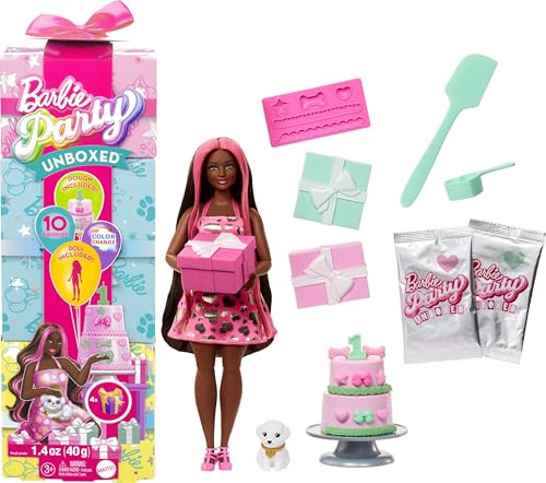 Barbie Party Unboxed Puppe und Accessoires, Haustier-Geburtstagsserie, Shimmerin’ Hearts-Set mit 10 Überraschungen, inklusive Farbwechseleffekt und Kuchendekoration, JFG71