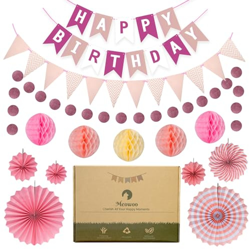 Meowoo Pink Birthday Decorations, Reusable Paper Birthday Party Set | Happy Birthday Banner, Triangle Bunting, Circle Garland, Honeycomb Balls & Paper Fans, For Kids, Teens & Adults