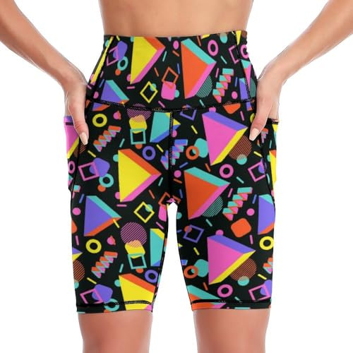 Keiutexe Black Retro 80s 90s Women's 7 High Waist Biker Shorts with Pockets for Gym Workout Yoga Running Athletic S