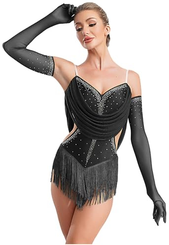 Freebily Abito da Ballo Latino Americano Donna con Nappe Strass Body Danza Classica Moderna con Guanti Balletto Leotards Costume da Danza Samba Rumba Salsa Sala da Ballo Nero S