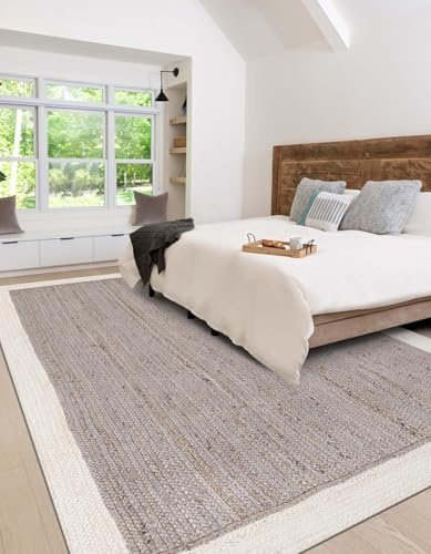 DANGAYACH ART Alfombra tejida a mano con borde blanco y centro gris de yute natural, alfombra de yute, para dormitorio, pasillo, sala de estar, comedor, tamaño - 6 x 6 pies cuadrados (180 cm x 180 cm)