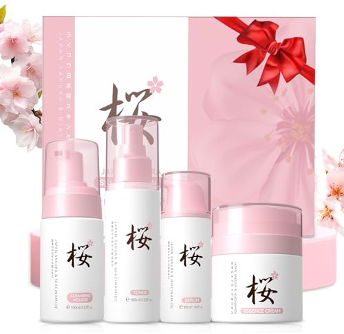 Sakura Skincare Set, Kit Cura del Viso Donna, con Mousse Detergente,Tonico, Siero, Crema, Idrata e Nutre la Pelle, Set Regalo Cura Pelle per Compleanno San Valentino Natale festa della mamma
