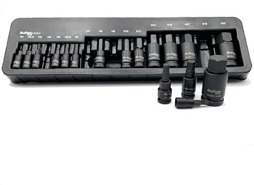 Buffalo Tools Juego de 17 llaves hexagonales de impacto H2-H22 Llave Allen de 1/4 3/8 1/2 pulgadas Dr mezclada acero vanadio duradero, acabado resistente a la corrosión, juego de herramientas de 2-22