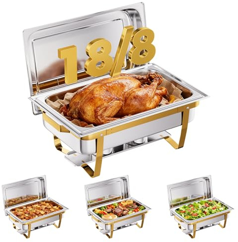 CAMMOO 4 Pans Gold 18/8 (304) Stainless Steel 4 Pack Chafing Dishes for Buffet 9QT Stackable Chafing Dish Buffet Set Food Warmer, Food Warmers for Parties Buffet Catering Events Dinners-RG404