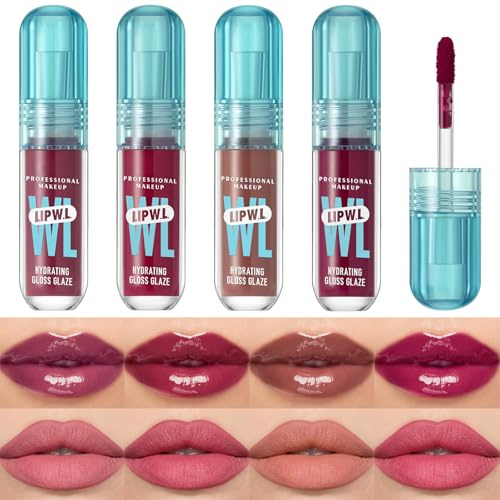 4 Couleurs Gloss Repulpant Levres Ensemble, Rouge à Lèvres Longue Tenue, Hydratant Lip Tint Gydratant et Brillant, Lip Stain Gloss Maquillage Femme