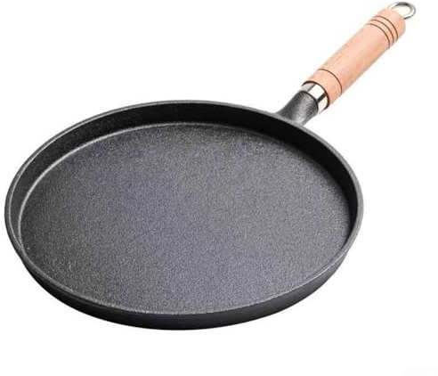 SiSinkal Pannkakspanna i gjutjärn med trähandtag, förtjockad kraftig stekpanna för hemmatlagning, förkryddad stekpanna med jämn värmefördelning, professionell crepe-tillverkare panna (20)
