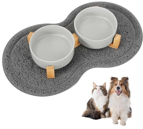 Foymlon Gamelle pour Chien, 400ML 2 Pièces Gamelle Chien Chat Surelevee Céramique avec Support en Bambou et Tapis Antidérapants pour Chiens de Petite et Moyenne Taille