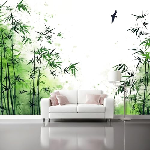 Genérico Papel Pintado Blanco, Papel de Pintura Tradicional Tinta Plantas Bambú Pájaros Pared Fotomurales Decorativos - Pared Dormitorio Papels Adhesivo para Muebles Salon 300 x 210 cm（WxH