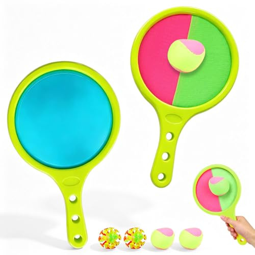 XPJBKC Racchettoni Giochi Spiaggia, Giochi Spiaggia Bambini Cattura Racchette Palline Set, Set per la Cattura con Velcro con 2 Pagaia e 4 Palle, Racchette in Velcro per Feste Giardino Famiglia esterni