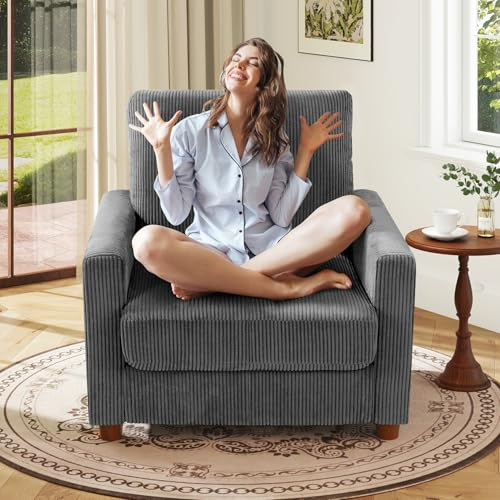 Kidirect 90CM Corduroy Sofa Armchair, Tool-Free Setup Accent Chairs For Living Room, Comfy Reading Arm Chair for Bedroom, 57CM Extra Deep Seats, All-Wood Living Room Bedroom Chair, Grey Armchair
