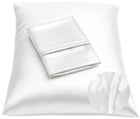 BLISSFORD Satin Pillowcase with Zipper for Hair and Skin Care, Feels Soft and Cool Like a Silk Pillowcase, White Satin Pillow Cases 2 Pack, Slik Pillow Cover, Standard Size - Set of 2