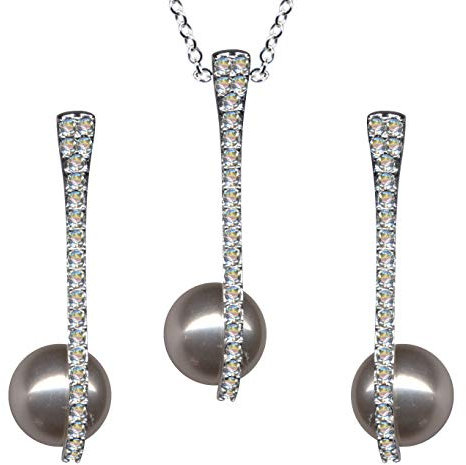 JUGENDSTIL smyckesset med pärla/äkta sterlingsilver 925/örhängen kedja hänge med zirkonia/stenfärg: vit klar, Sterlingsilver 925, zirkonstenar, zirkoniumkristall strass