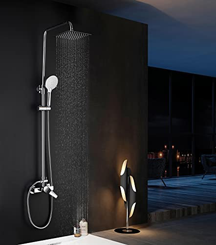 Elbe Sistema doccia inox 304 con miscelatore, doccia a pioggia, colonna doccia con raccordo doccia, soffione angolare 20x20cm, set doccia, cromato