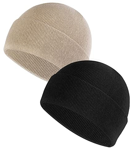 Sibba Lot de 2 Bonnets Unisexes en Tricot Doux et léger pour l'hiver Bonnet de pêcheur Chaud Coupe Vent pour Homme et Femme Noir Noir Taille Unique-XL