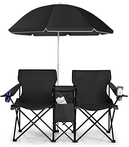 COSTWAY Campingstol med parasoll hopfällbar stol för par dubbel fiskestol vikbar med mugghållare kylväska (svart) 55 x 85 x 161 cm