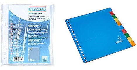 DONAU Prospekthüllen DIN A5 / 100 Stück/Genarbt Oben Offen Klarsichthüllen Sicht-Hüllen Gelochte Plastikhülle & Kangaro Register A5 blanko PP 120 micron 17r. 10tlg sortiert Tabs, 21x18x0.1