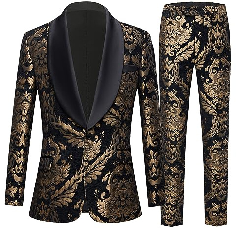 Completo da uomo in jacquard, aderente, 2 pezzi, scialle, risvolto, smoking, matrimonio, ballo di fine anno, set, nero, S