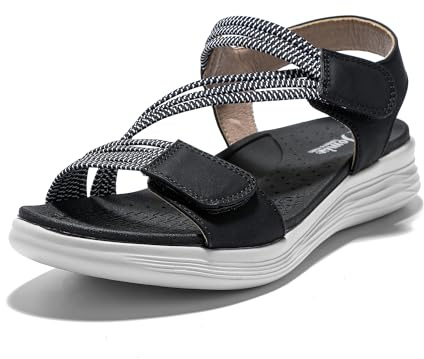 JOMIX Sandalias Mujer Verano con Cordón Elástico Sandalias Planas Mujer con Banda Ajustable Plantilla Ortopédica Playa Piscina Mar, Negro, 39 EU