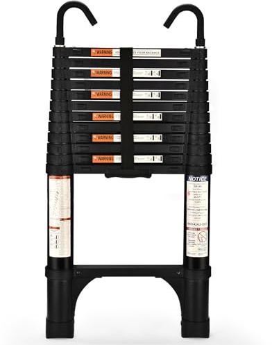 Escalera telescópica de 2.6 m con Ganchos y pies Antideslizantes, Escalera Plegable de Aluminio Ligero para altillos, Casas rodantes, Exteriores e Interiores, Capacidad de Carga de 150kg.Negro